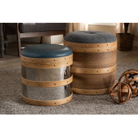 Baxton Studio R87R504-2PC Otto Set Caleb Modern and Contemporary Glam Grey Fabric and Blue Alligator Faux Leather Upholstered 2-Piece Wood and Metal Storage Ottoman Set